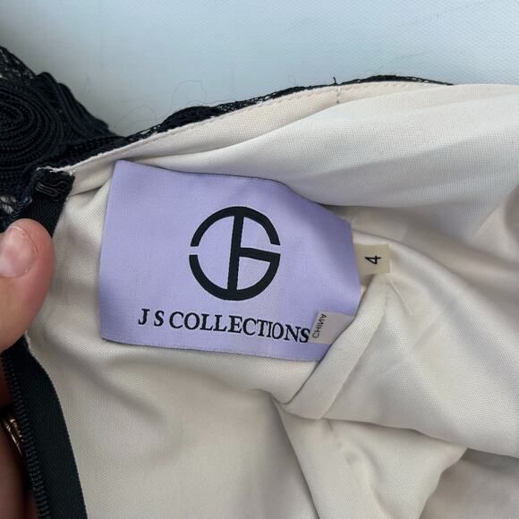 JS Collections Black Lace Cocktail Dress High Neck Short Sleeve Mini 4 Sheath - Picture 7 of 8